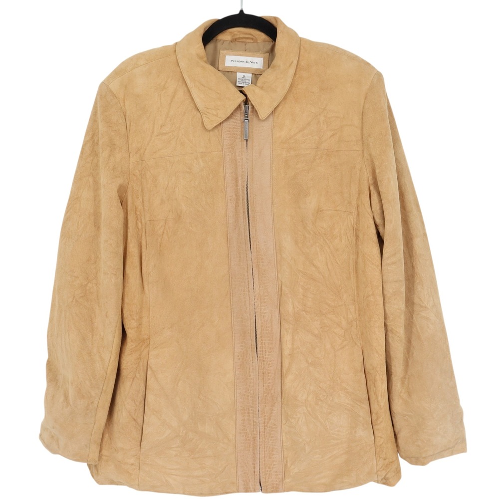 Vintage Preston & York Mens XL Tan Leather Suede Full Zip Jacket Collared Lined